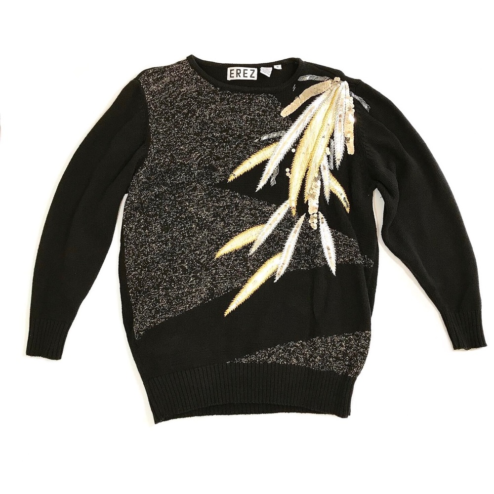 Vintage Black Sequin Metallic Feather Sweater 1980